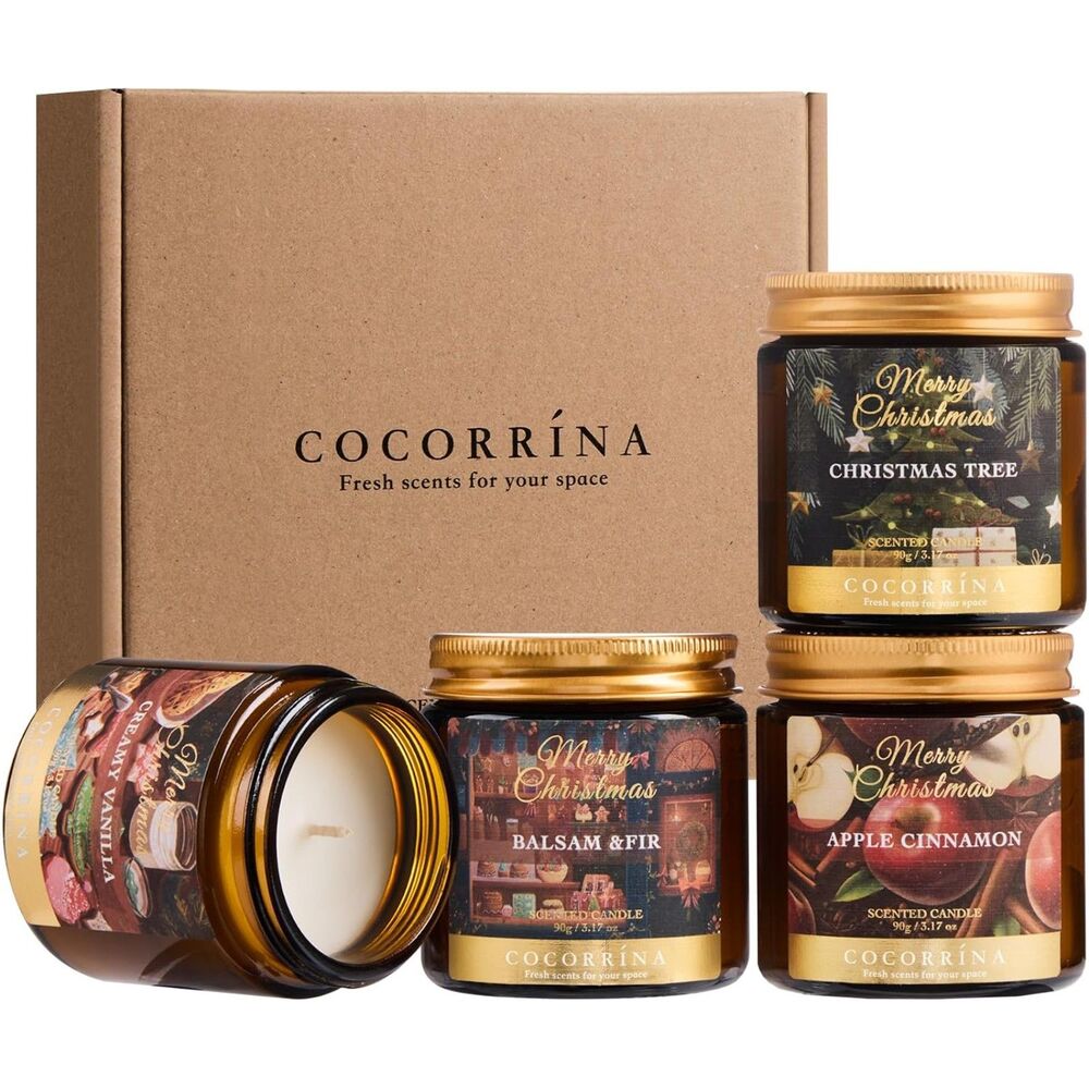 4 Pack Scented Candle Gift Set with Apple Cinnamon Fir Vanilla Cozy Christmas